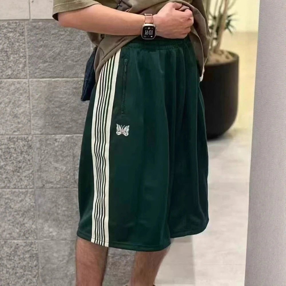 Needles Track Pants Butterfly Embroidery Casual 7/8 Length Wide-Leg Drawstring Shorts for Men
