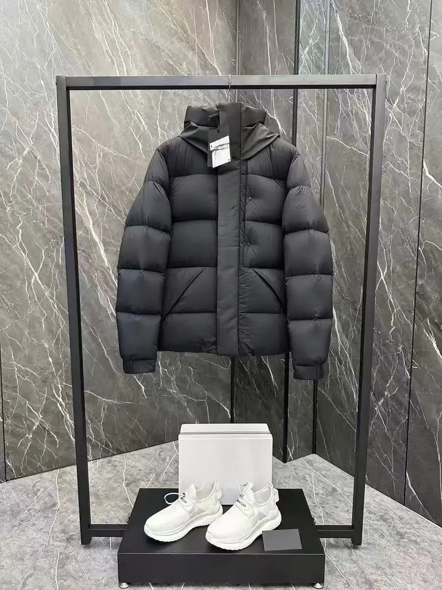 M Winter Hooded Classic Down Jacket Black Warrior Unisex Embossed Letter White Goose Down Hoodie Solid Color Breadman