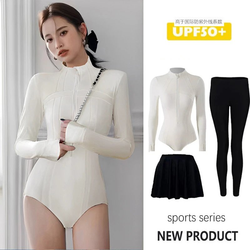 尾波冲浪高领泳衣女长袖长裤专业防晒UPF50+连体速干潜水服水母衣 - 138154