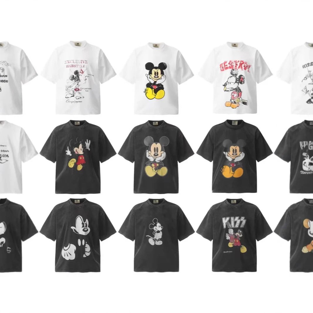 跨境Mickey恶搞米奇卡通VINTAGE复古印花水洗做旧男女同款短袖t恤 - 139411