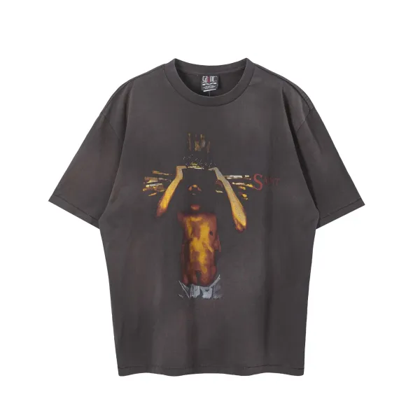 Saint Laurent Saint Graphic Print Distressed Black T-Shirt - 1