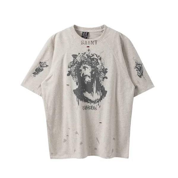 Saint Laurent Saint Jesus Distressed Graphic T-Shirt Beige - 1