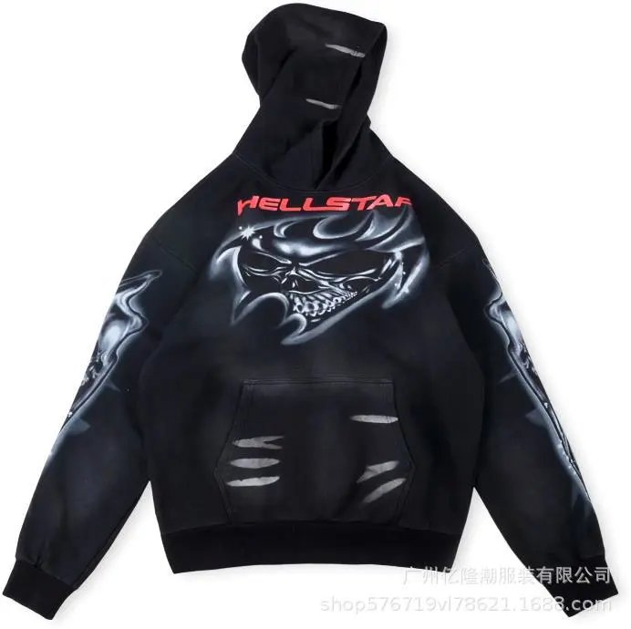 Hellstar Skull Graphic Distressed Black Hoodie - 1