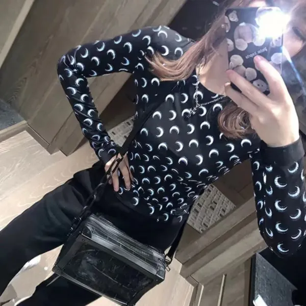 Moon Print Long Sleeve Base-Layer Top Black - 1
