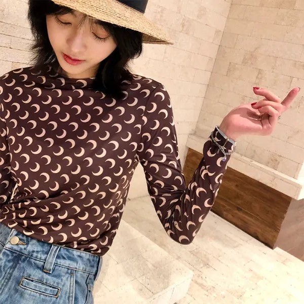 Moon Print Long Sleeve T-Shirt Brown Multicolor - 1