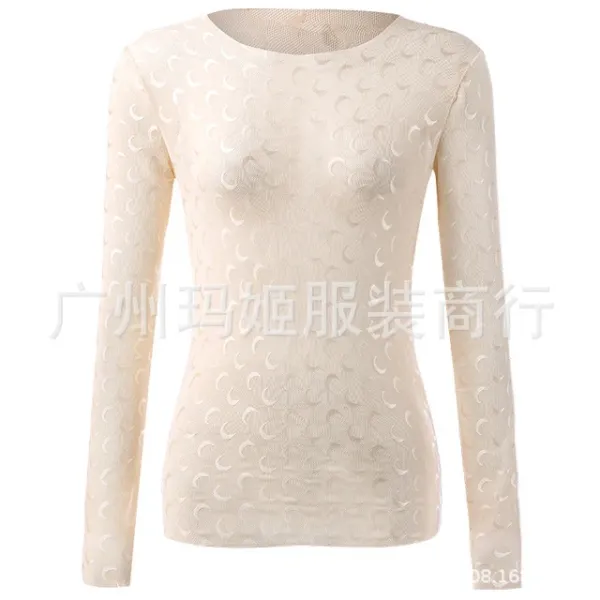 Design Mesh Lace Long Sleeve Base-Layer Top in Beige - 1