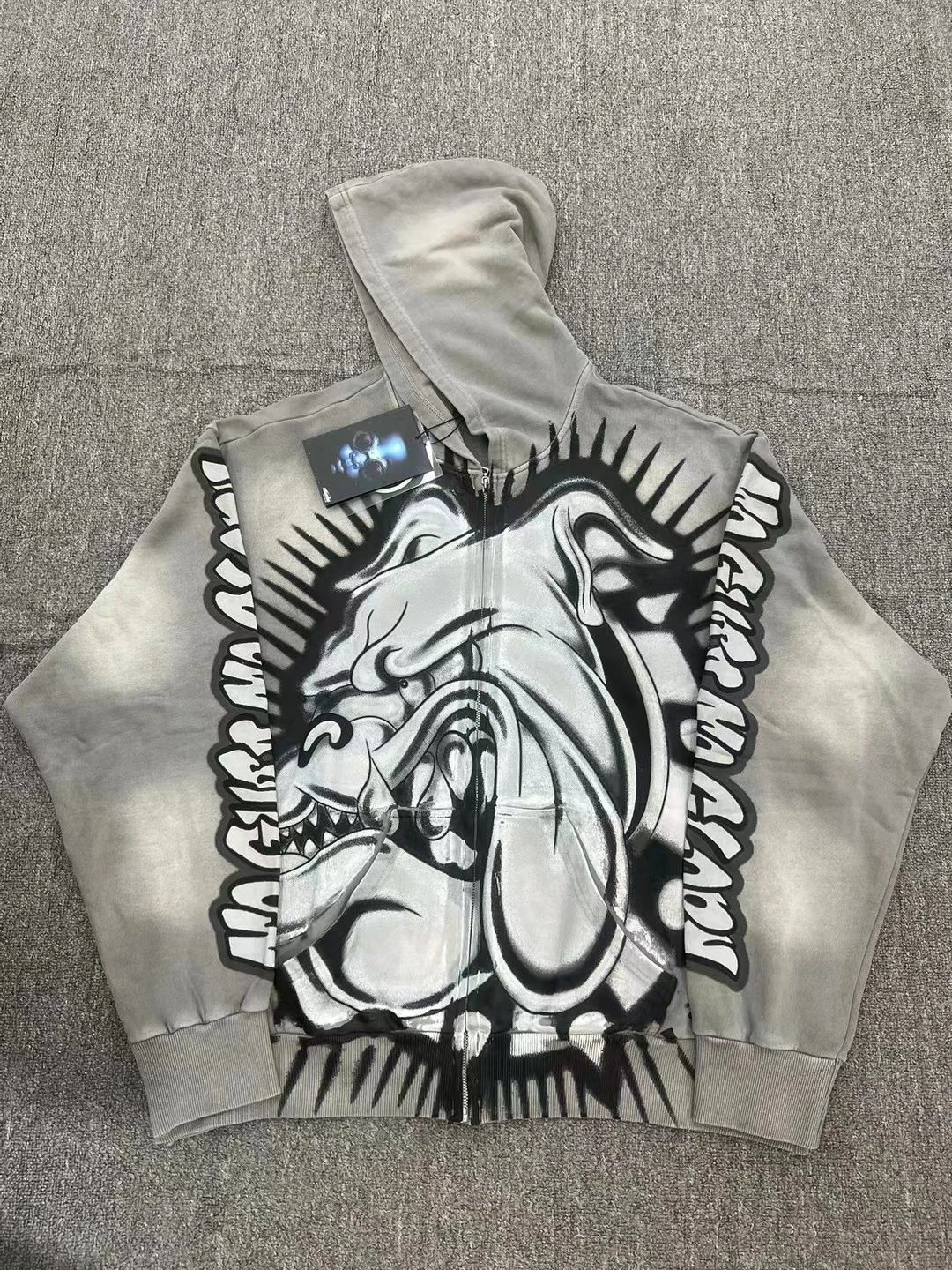 Bape x Spray Paint Bulldog Graphic Zip-Up Hoodie Gray - 1