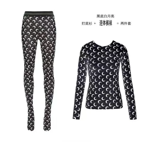 Black and White Crescent Moon Print Two-Piece Set: Long-Sleeve Base Layer Top + Leggings - 1