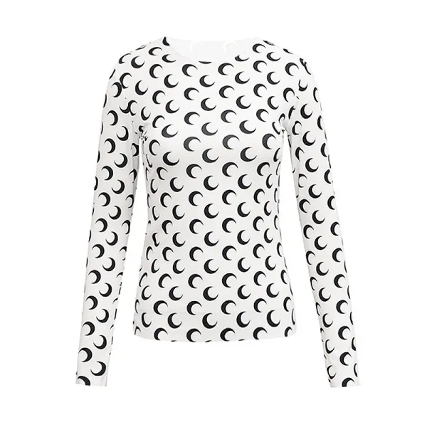 Design Crescent Moon Print Long-Sleeve Base-Layer Top White - 1