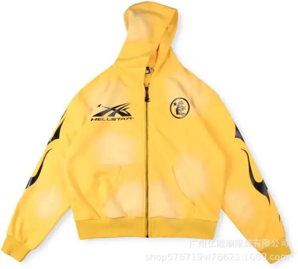 Hellstar Flame Print Yellow Zip-Up Hoodie - 1