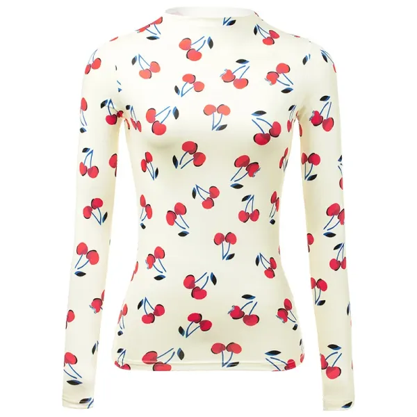 Cherry Print Long-Sleeve Base-Layer Top in Cream - 1