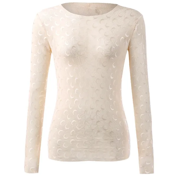 Design Textured Crescent Pattern Long Sleeve Base-Layer Top in Beige - 1
