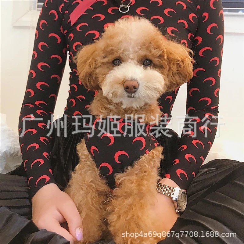 Custom Moon Pattern Long-Sleeve Top and Matching Dog Harness Set Black with Red Crescent Print Clothing - 1
