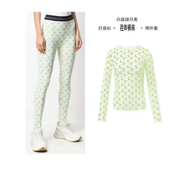 Design Moon Pattern Base-Layer Top + Leggings Set White with Lime Green Crescent Moons Activewear - 1