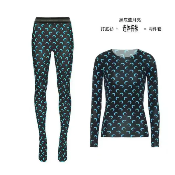 Design Moon Pattern Base Layer Set Black with Cyan Crescents - 1