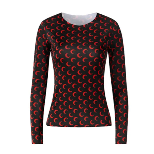 Design Crescent Moon Print Long-Sleeve Base-Layer Top Black Red - 1