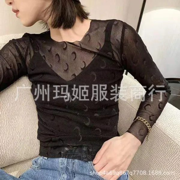Black Moon-Print Sheer Mesh Long Sleeve Top - 1