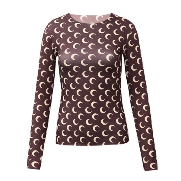 Moon Phase Print Long-Sleeve Base-Layer Top in Brown - 1