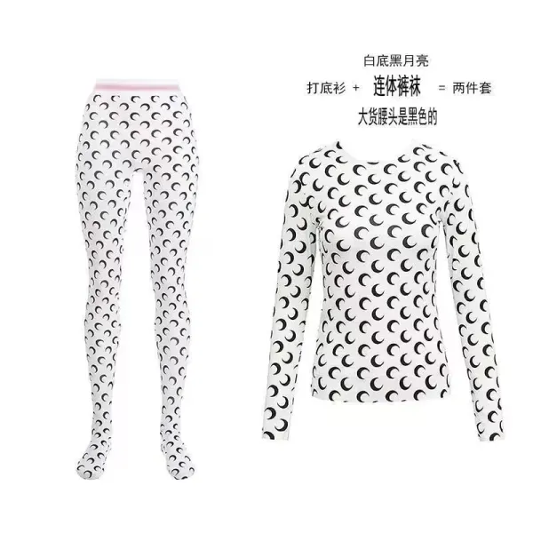 Moon Pattern Base Layer Set White with Black Crescent Motif Leggings and Long-Sleeve Top - 1