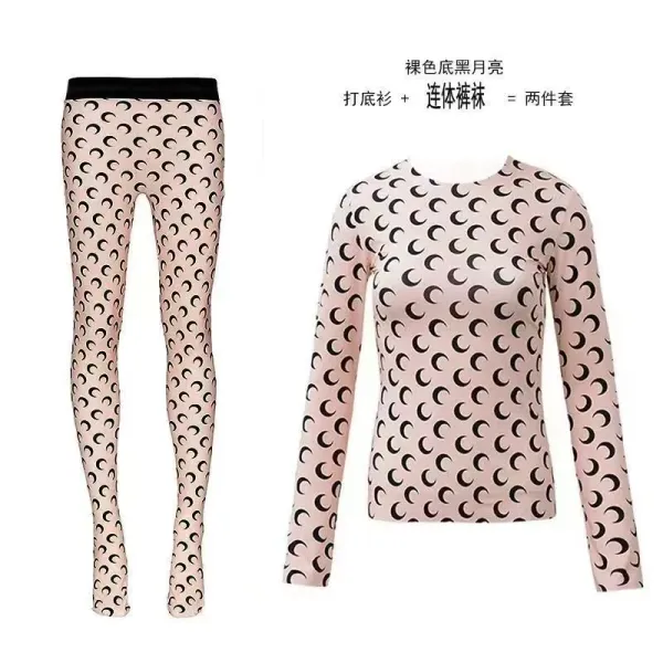 Moon Pattern Base Layer Set Beige with Black Crescent Print Leggings and Long-Sleeve Top - 1