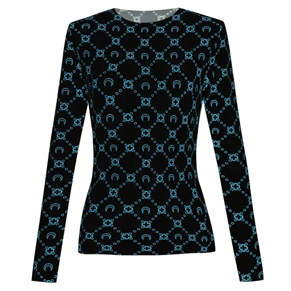 Design Geometric Pattern Long-Sleeve Base-Layer Top Black with Cyan Print - 1