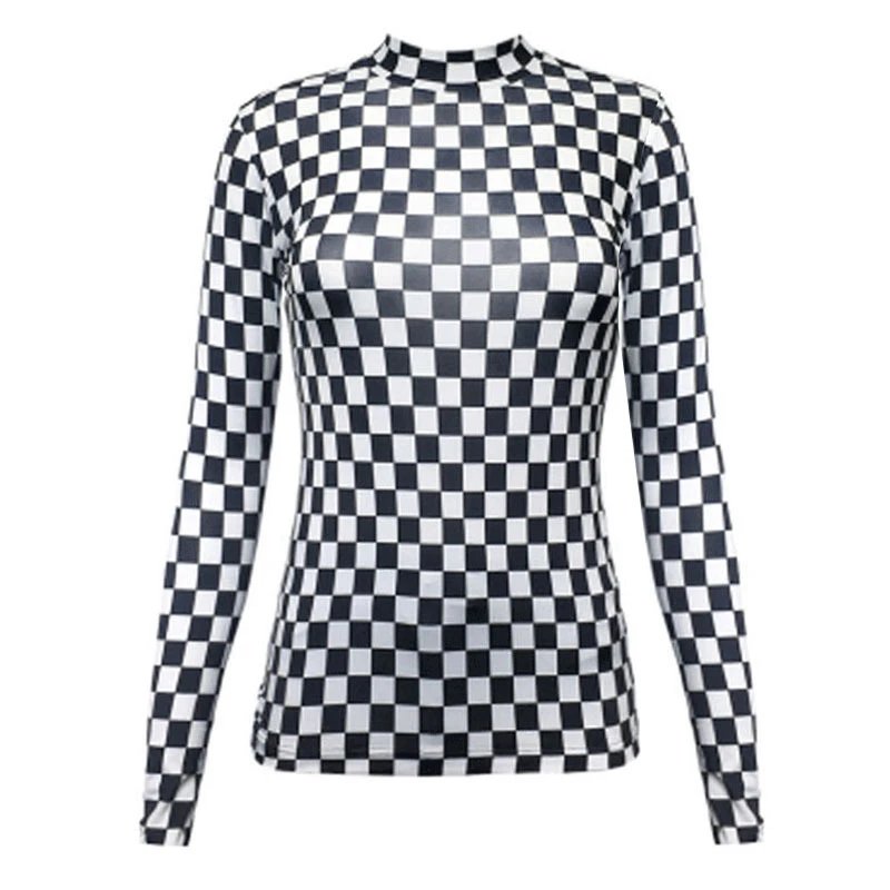 Design Checkerboard Print Mock Neck Long Sleeve Top - 1