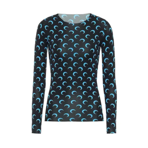 Design Crescent Moon Print Long-Sleeve Base-Layer Top in Black and Cyan - 1