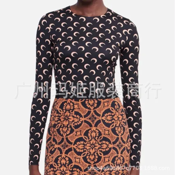 Multicolor Crescent Moon Print Long-Sleeve Top and Floral Lace Skirt Set - 1