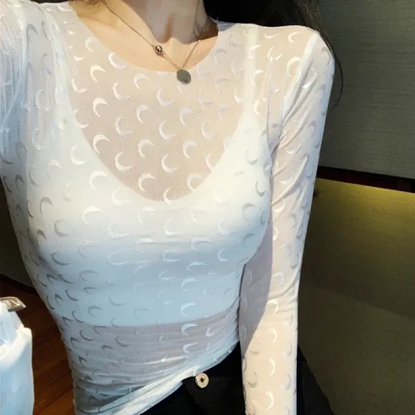 Sheer Crescent-Print Long Sleeve Top White - 1