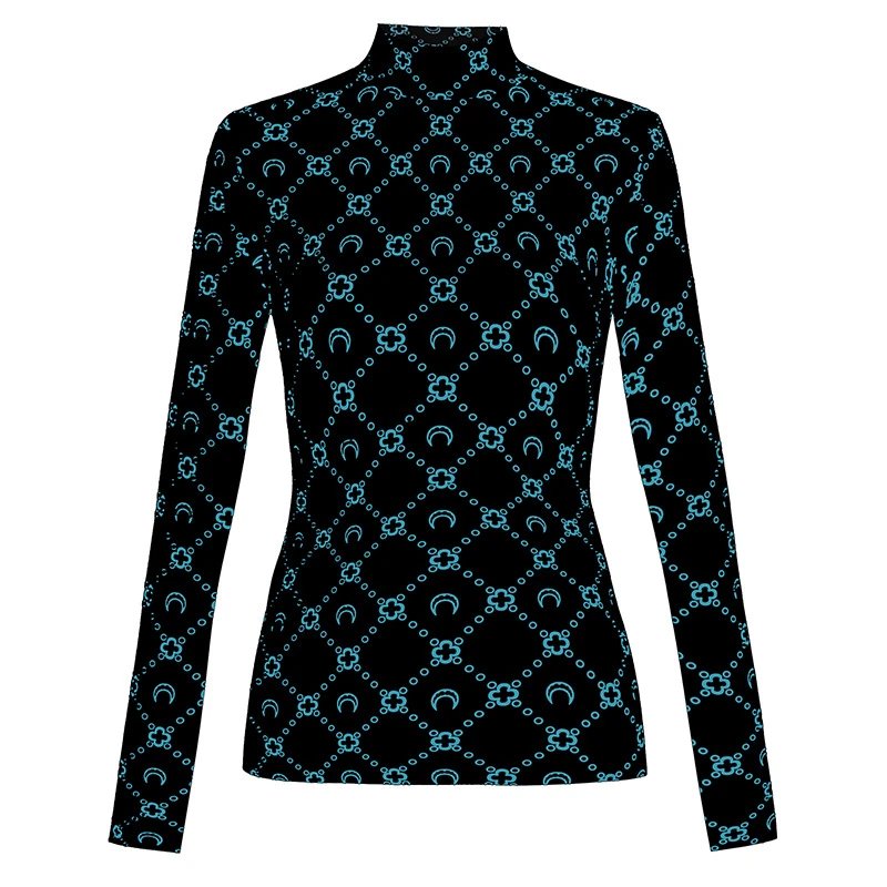 Design Geometric Pattern High-Neck Long-Sleeve Top Black with Cyan Print - 1