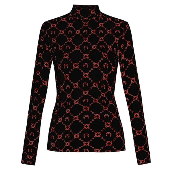 Gucci GG Marmont Print High-Neck Long-Sleeve Top Black Red - 1