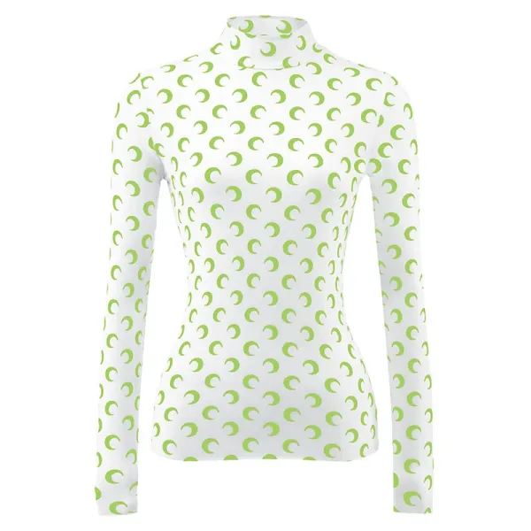 Design Crescent Pattern High-Neck Long-Sleeve Base-Layer Top in White and Lime Green - 1