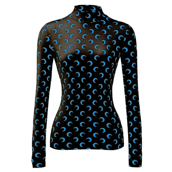 Sheer Crescent Moon Print Turtleneck Top Black and Blue - 1