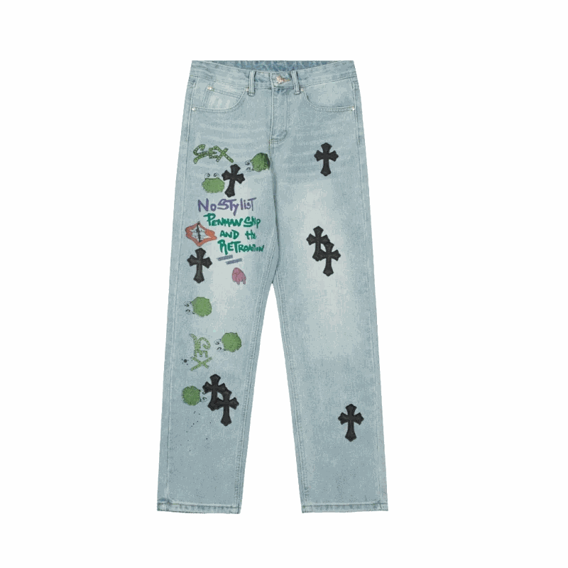 Light Blue Cross Embroidered Jeans