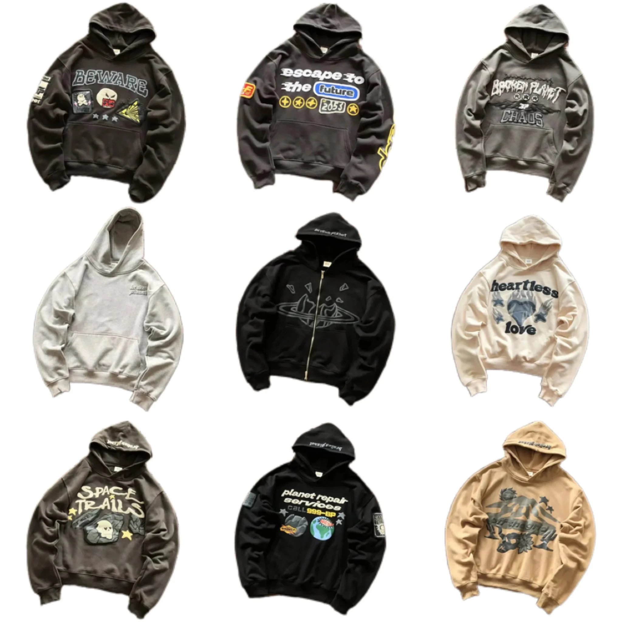 Diverse Graphic Hoodies in Various Colors and Styles