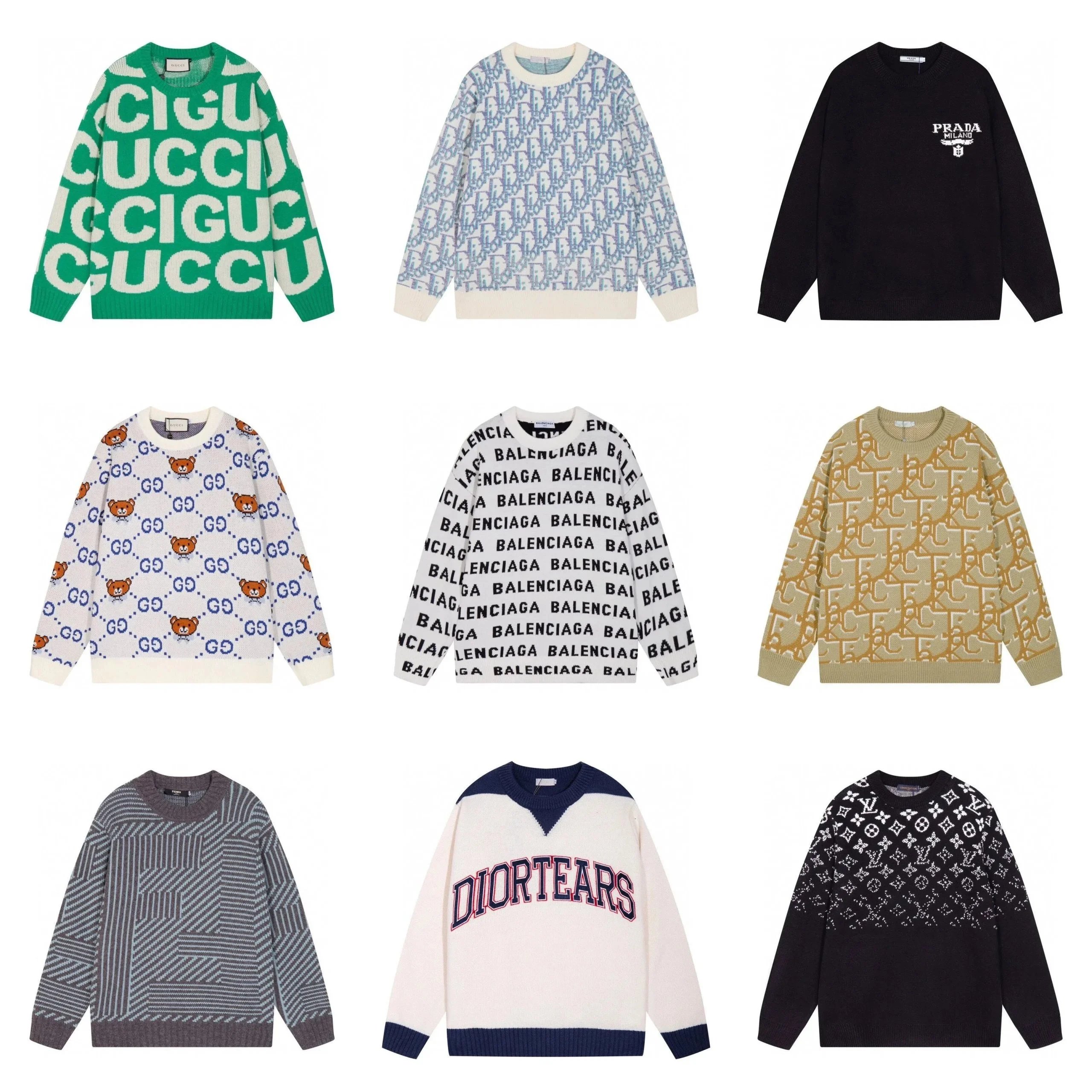 Gucci Green Logo Knit Sweater, Prada Black Logo Knit Sweater, Balenciaga White Logo Knit Sweater, Diortears White Knit Sweater, Various Brand Patterned Knit Sweaters