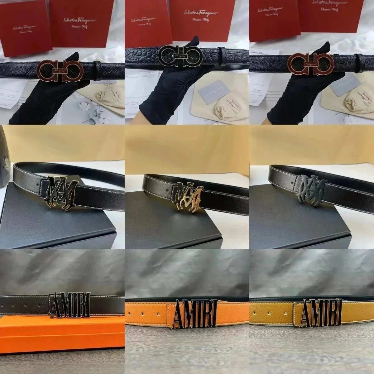 Ferragamo Black Leather Belt with G-Logo Buckle and AMIRI Brown Leather Belt with Letter Buckle