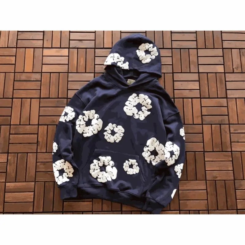 Navy Blue Hooded Sweatshirt with White Floral Appliques