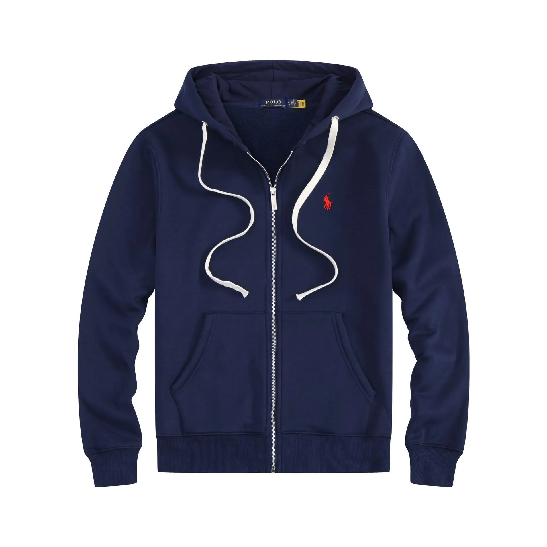 White rope zipper with navy blue and red logo