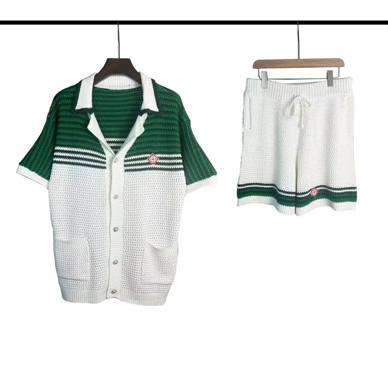 Casablanca Green and White Crochet Knit Polo and Shorts Set product photo 4