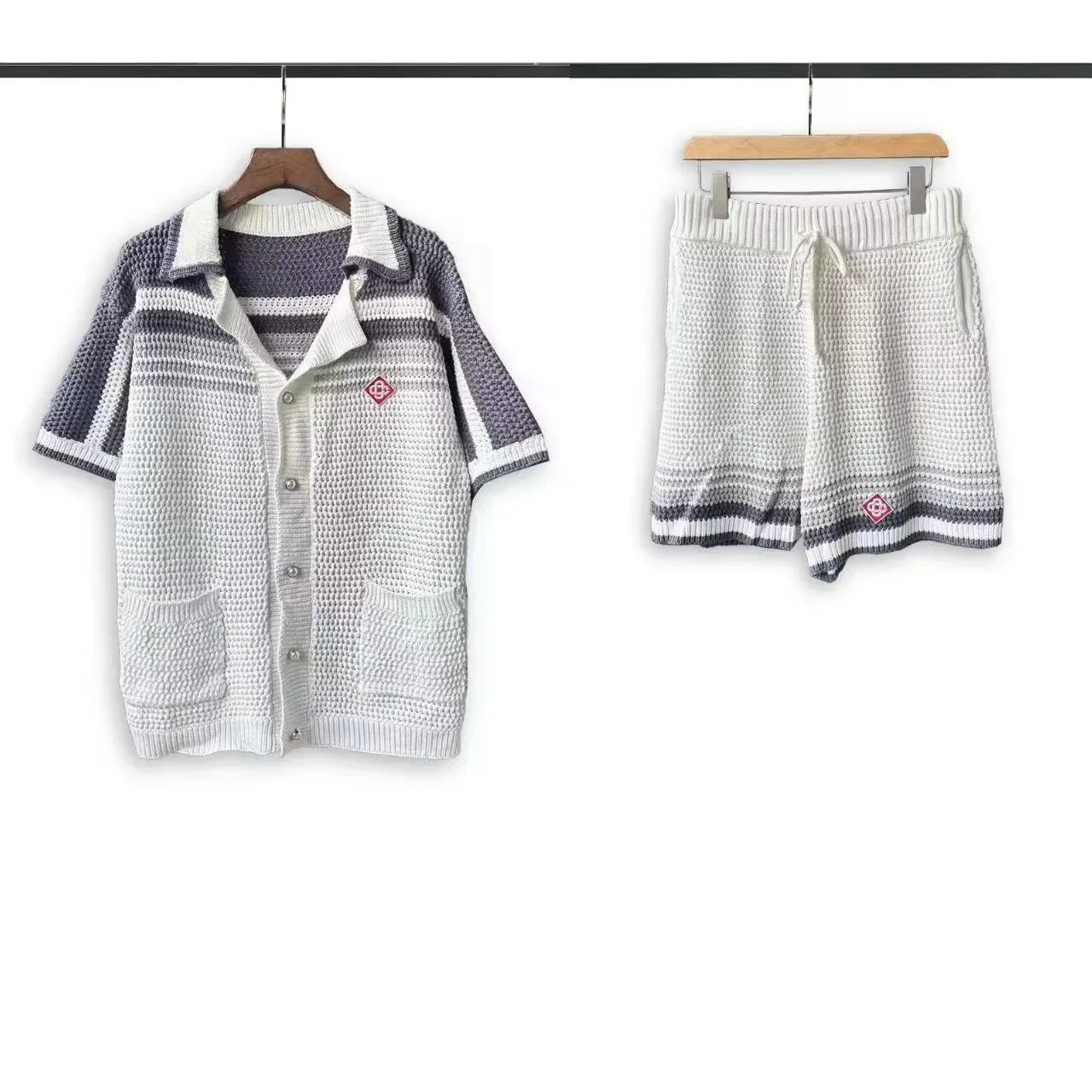 Casablanca Green and White Crochet Knit Polo and Shorts Set