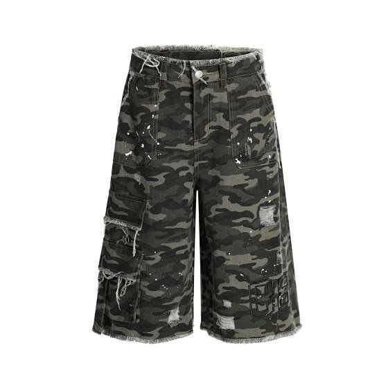Jiayiku Streetwear 2025 EU/US High Street Vibe Camo Ripped Washed Denim Cargo Pants Men RO Streetwear Cropped Pants