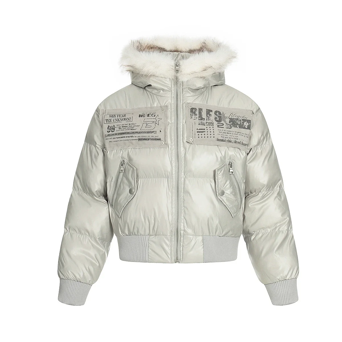 Blumarine Cropped Hooded Down Jacket with Fur Collar and Patch Detail