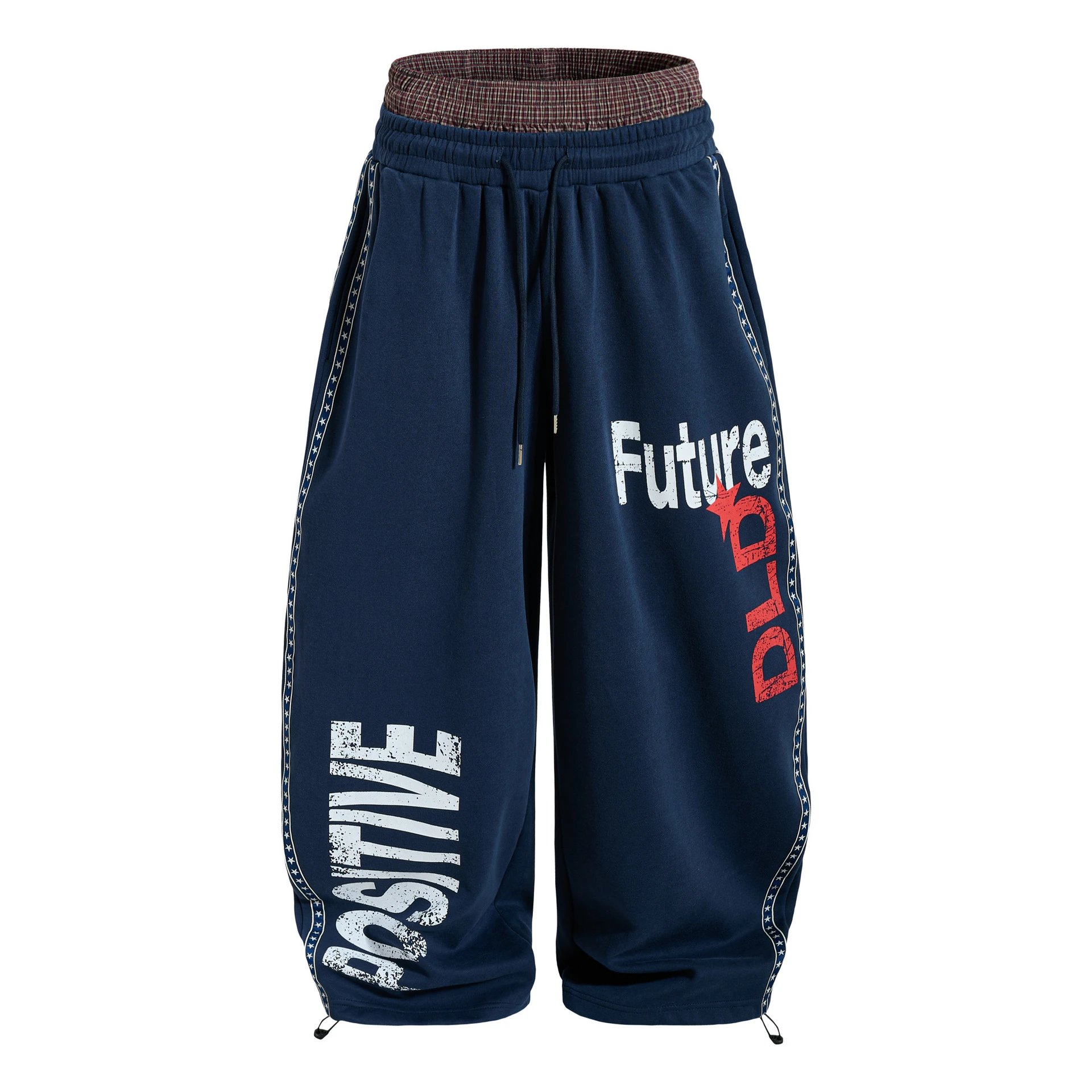 BAZENGA — Navy Blue Joggers with Double-Layer Plaid Waistband and Vintage Letter Print - rep spodnie