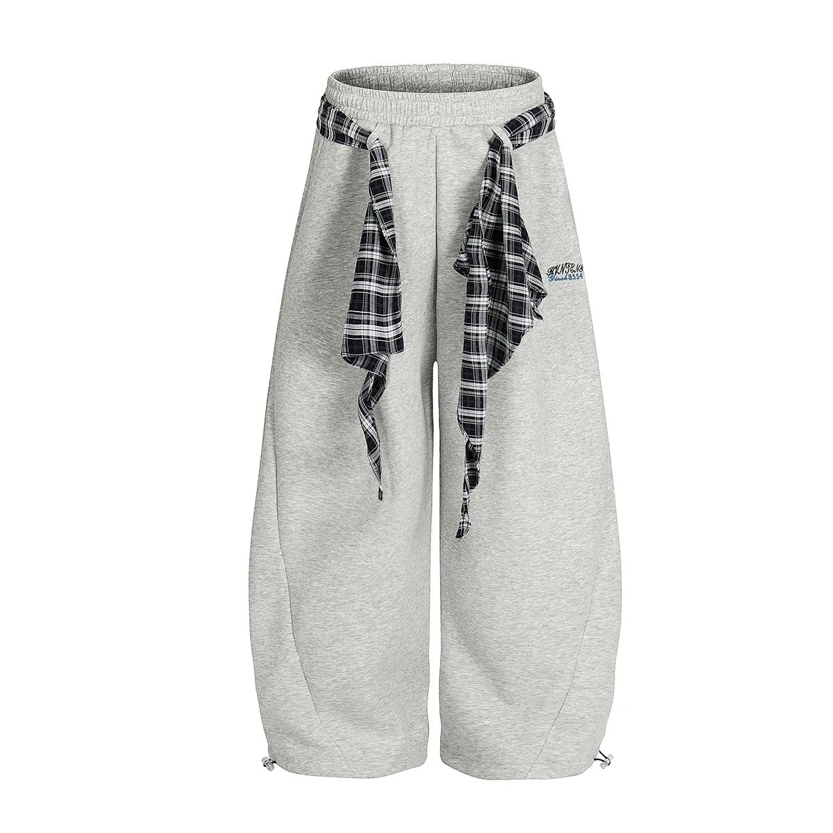 Plaid scarf decor grey drawstring wide leg sweatpants - rep spodnie