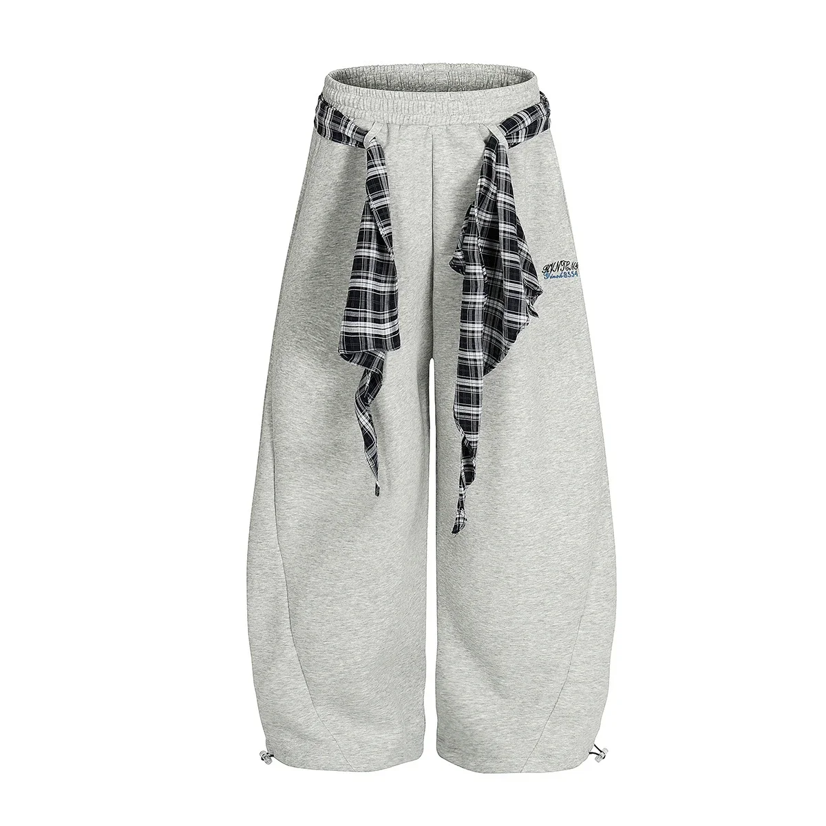 Plaid scarf decor grey drawstring wide leg sweatpants