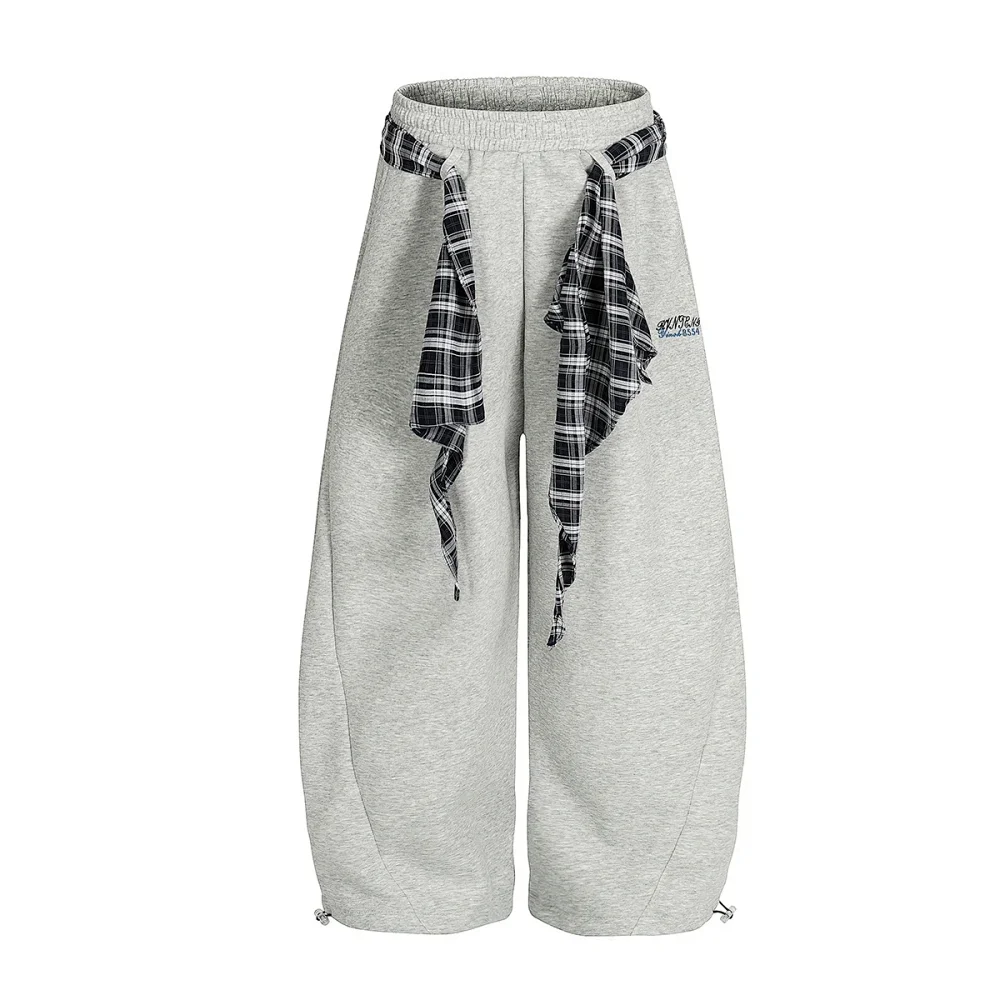 Plaid scarf decor grey drawstring wide leg sweatpants