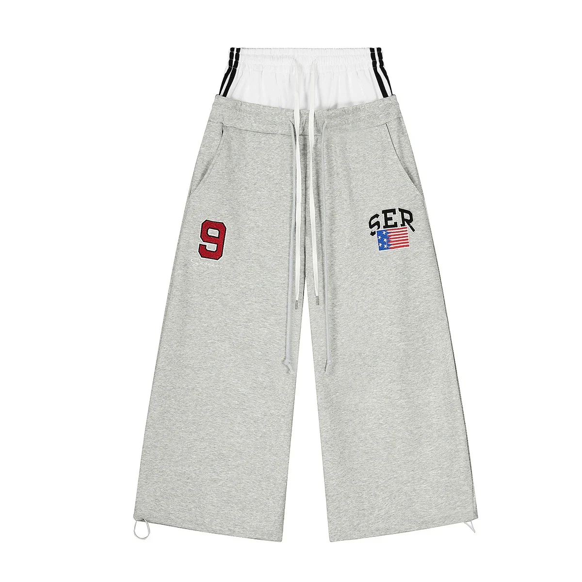 Layered waistband flag & number 9 printed grey wide leg sweatpants