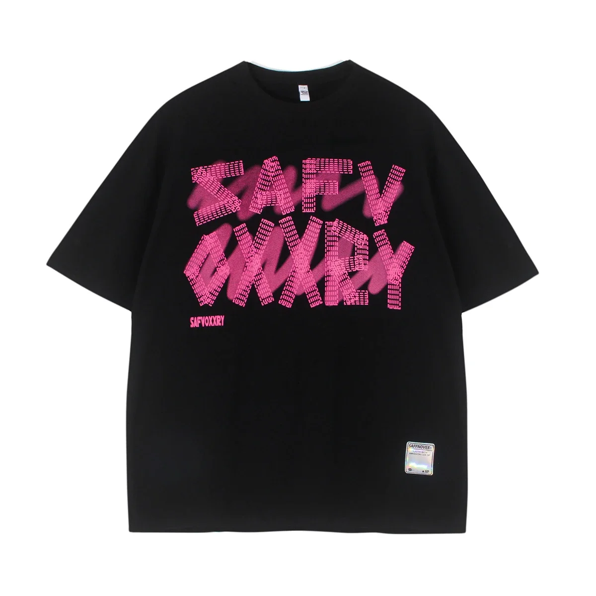 SAFVOXXRY Pixelated pink lettering black loose short-sleeved T-shirt