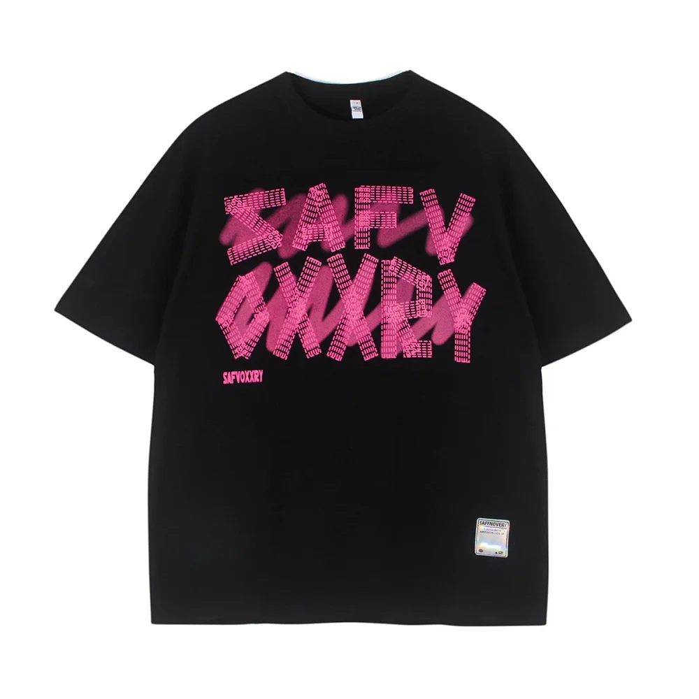 SAFVOXXRY Pixelated pink lettering black loose short-sleeved T-shirt